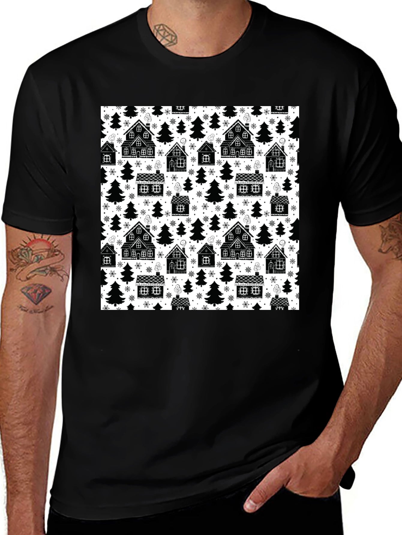 Winter Village Pattern T-Shirt - Cozy Holiday Style