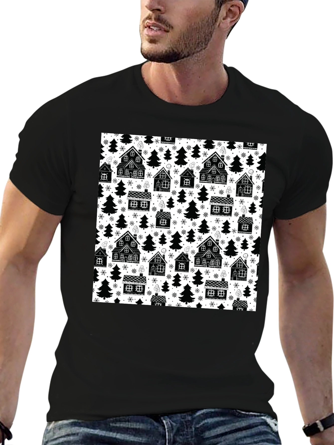 Winter Village Pattern T-Shirt - Cozy Holiday Style