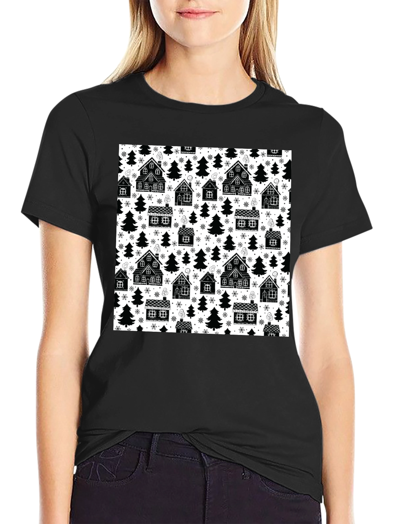 Winter Village Pattern T-Shirt - Cozy Holiday Style