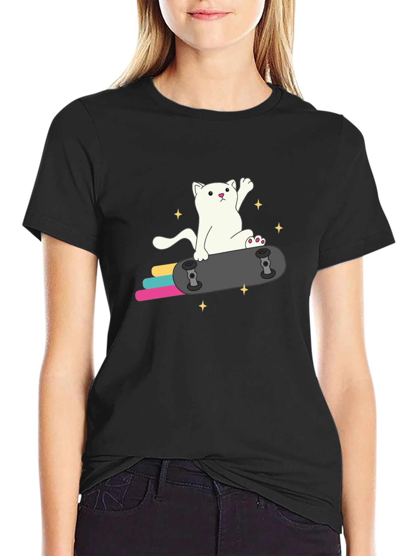 Cool Cat Skateboard Graphic Tee - Black