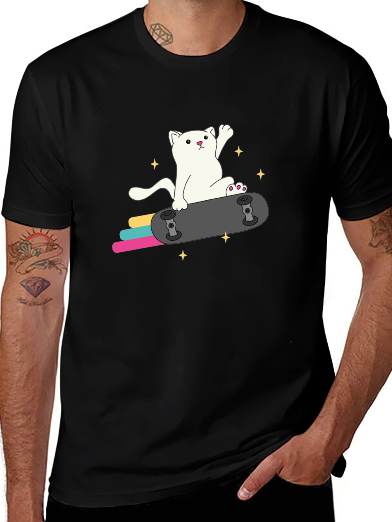 Cool Cat Skateboard Graphic Tee - Black