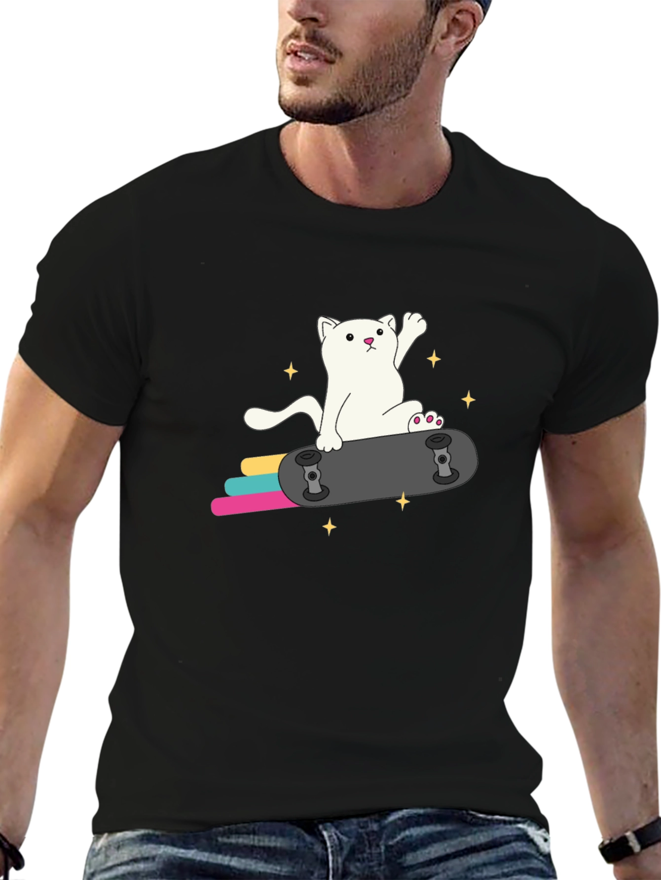 Cool Cat Skateboard Graphic Tee - Black