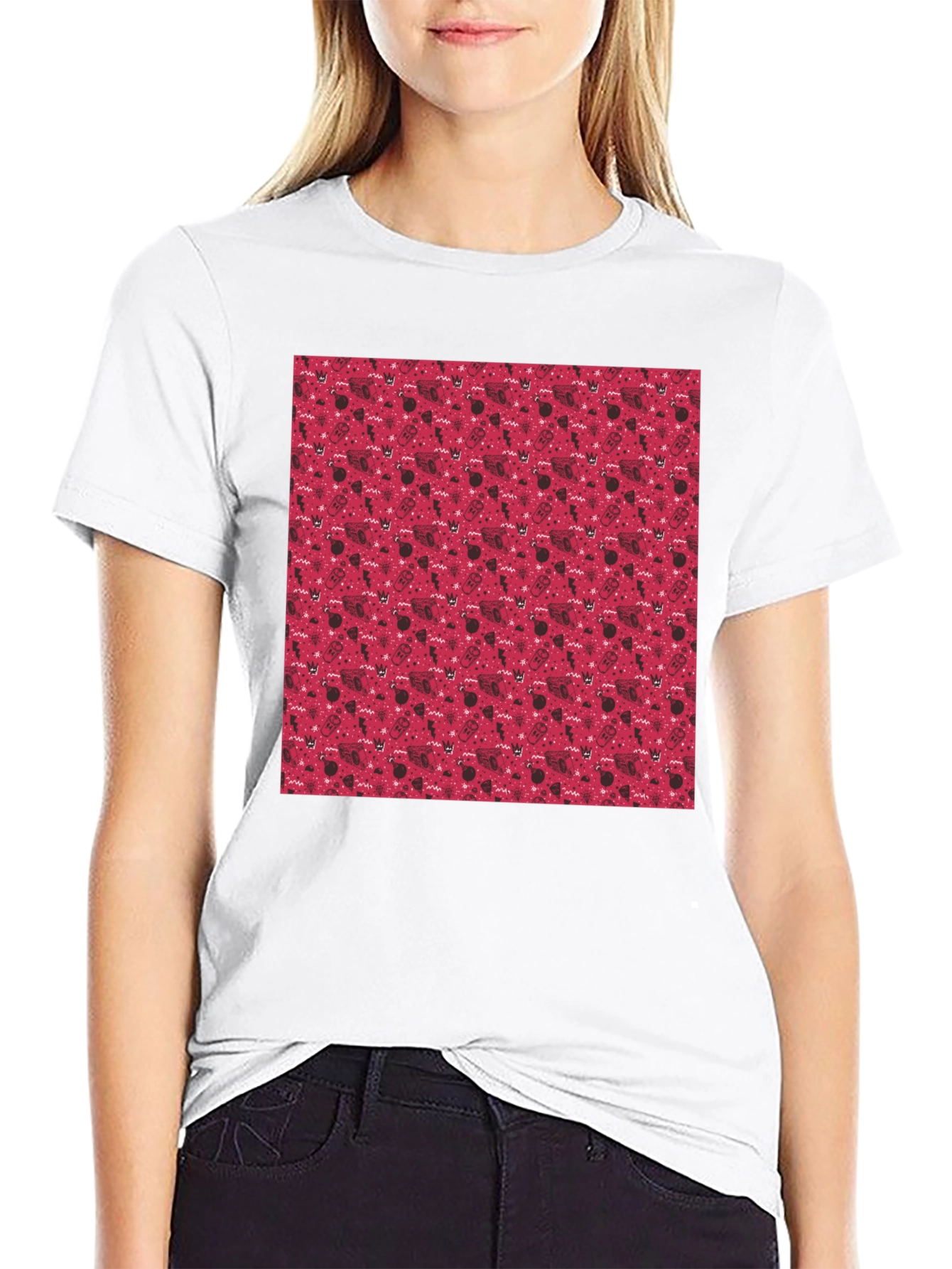 Red Pattern Crew Neck T-Shirt