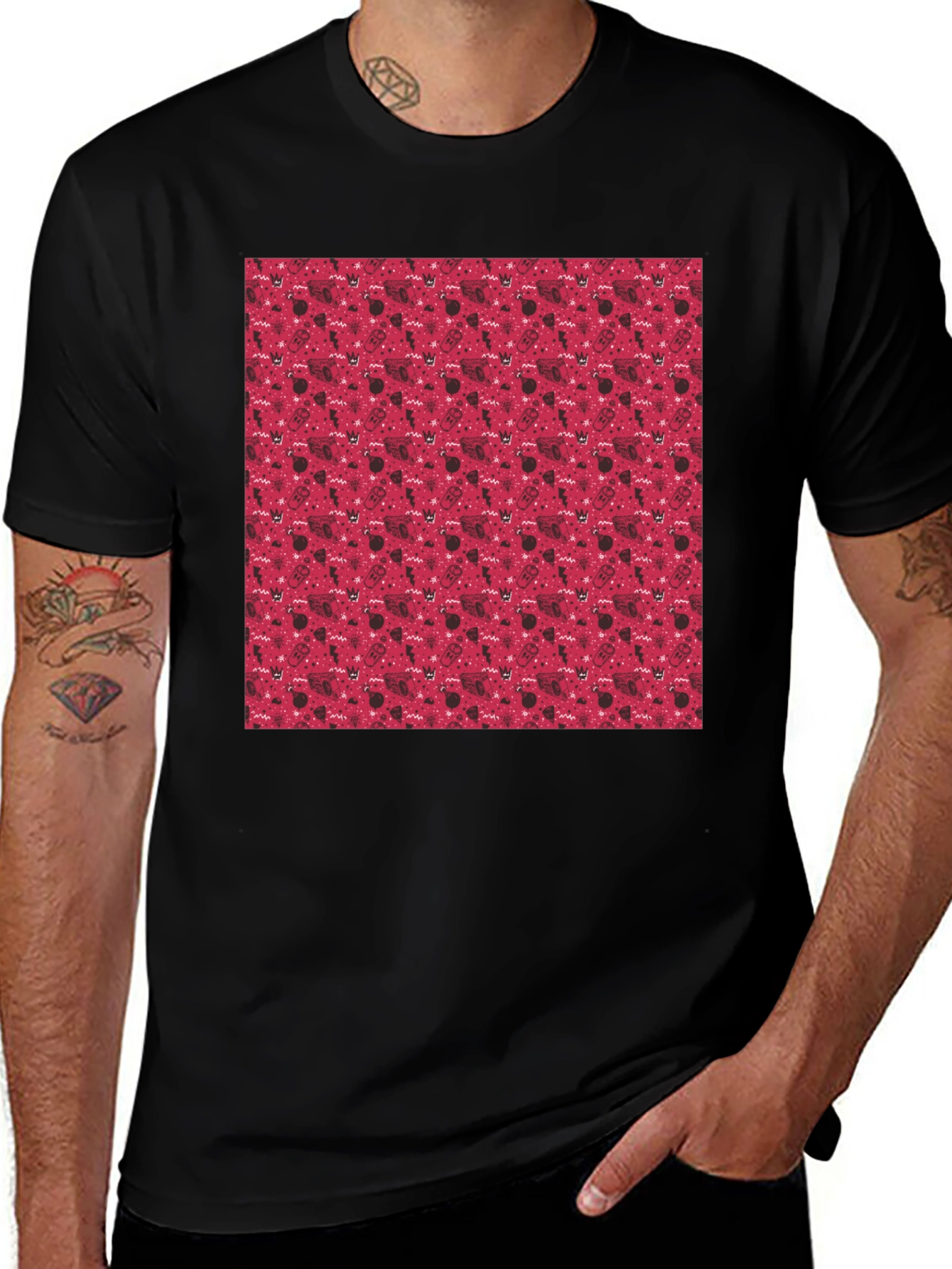 Red Pattern Crew Neck T-Shirt