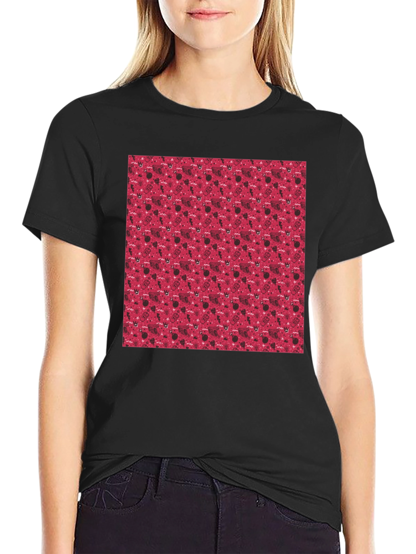 Red Pattern Crew Neck T-Shirt