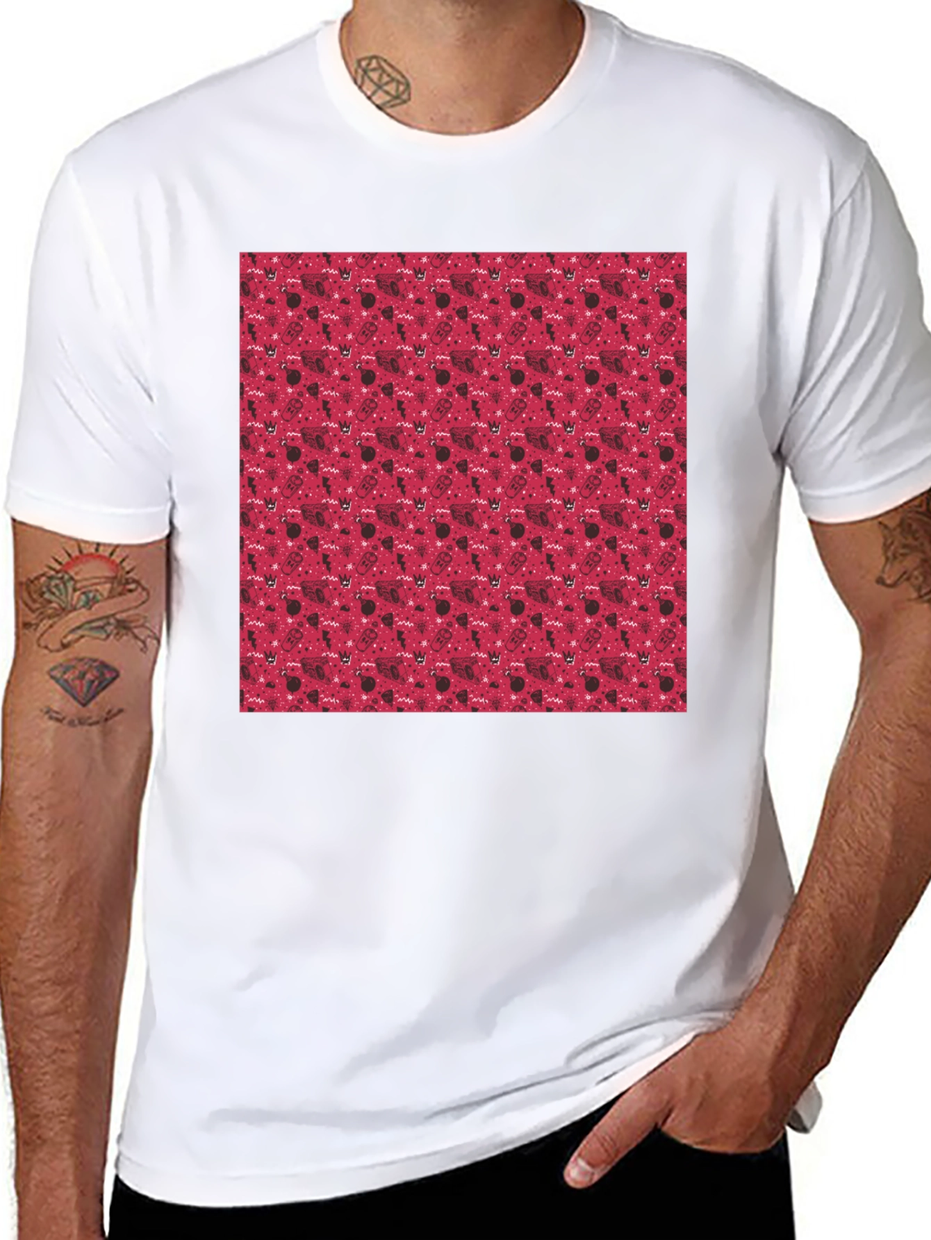 Red Pattern Crew Neck T-Shirt