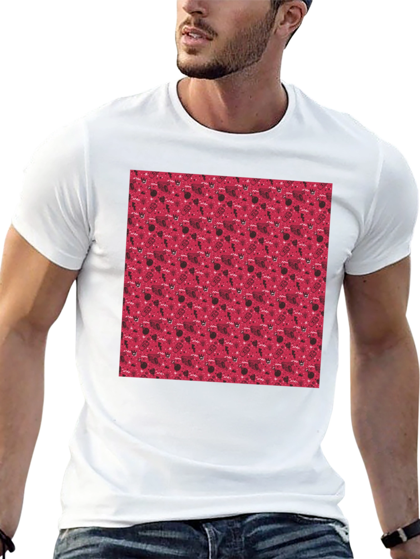 Red Pattern Crew Neck T-Shirt