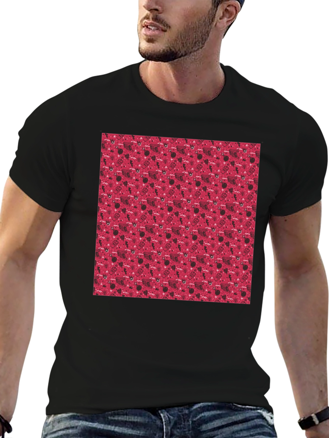 Red Pattern Crew Neck T-Shirt