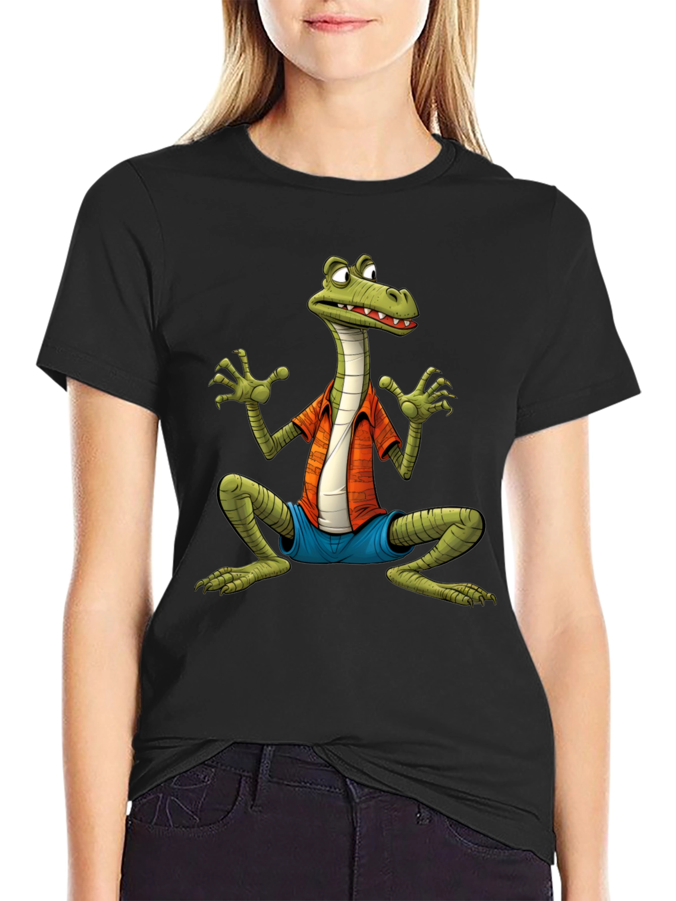 Cartoon Lizard Graphic Tee - Black