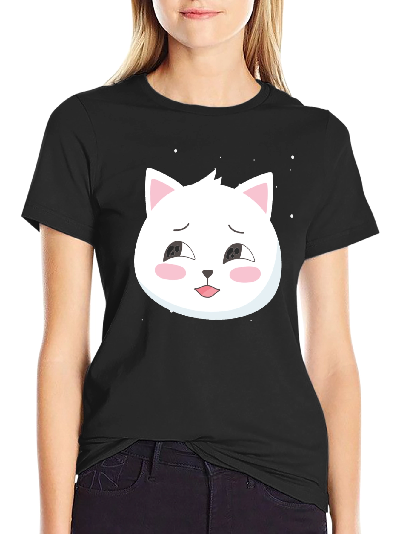 Cute Cat Graphic Tee - Black Cotton T-Shirt