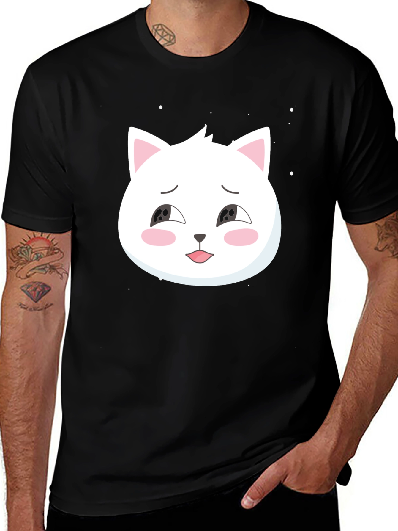 Cute Cat Graphic Tee - Black Cotton T-Shirt