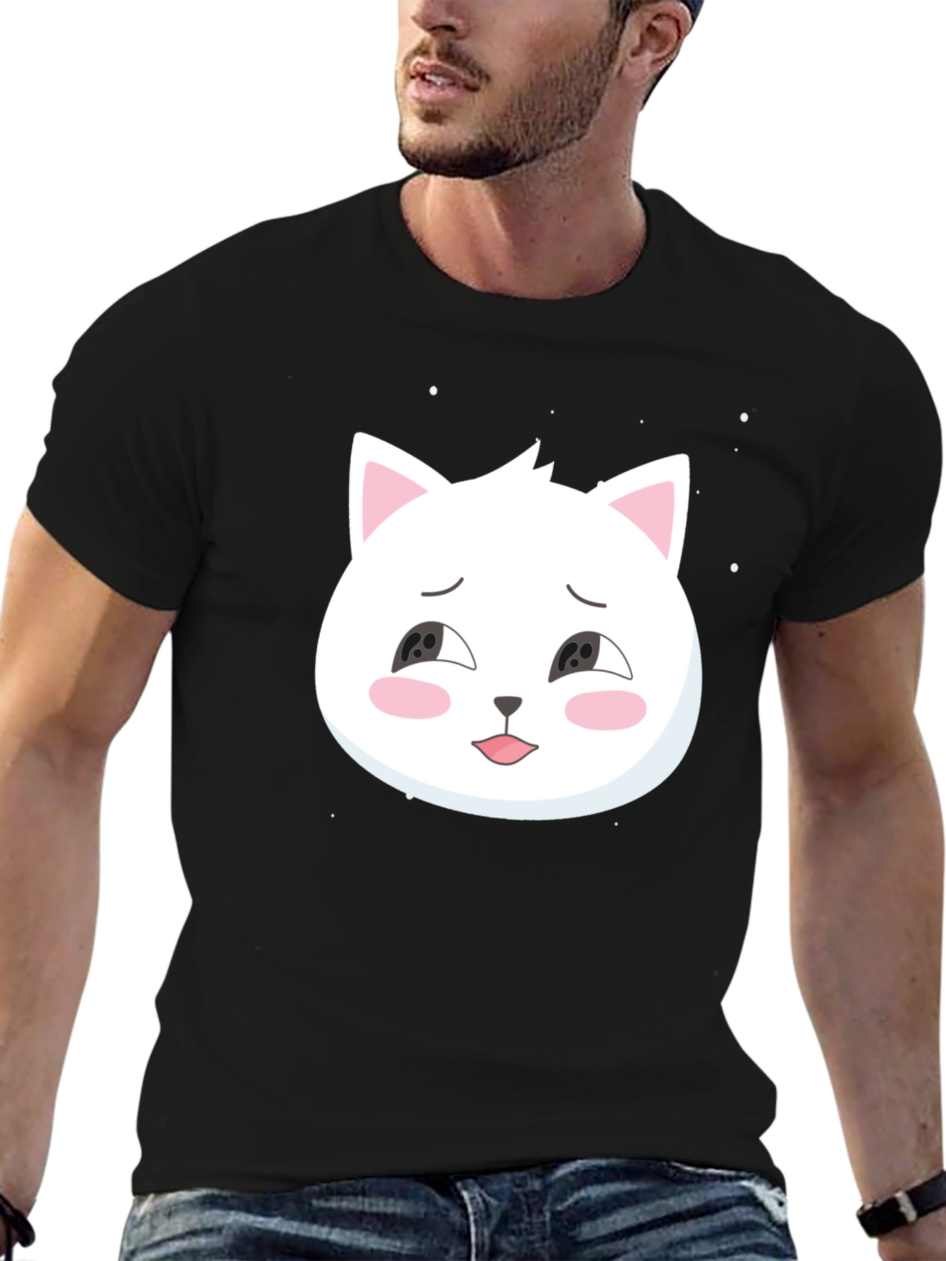 Cute Cat Graphic Tee - Black Cotton T-Shirt