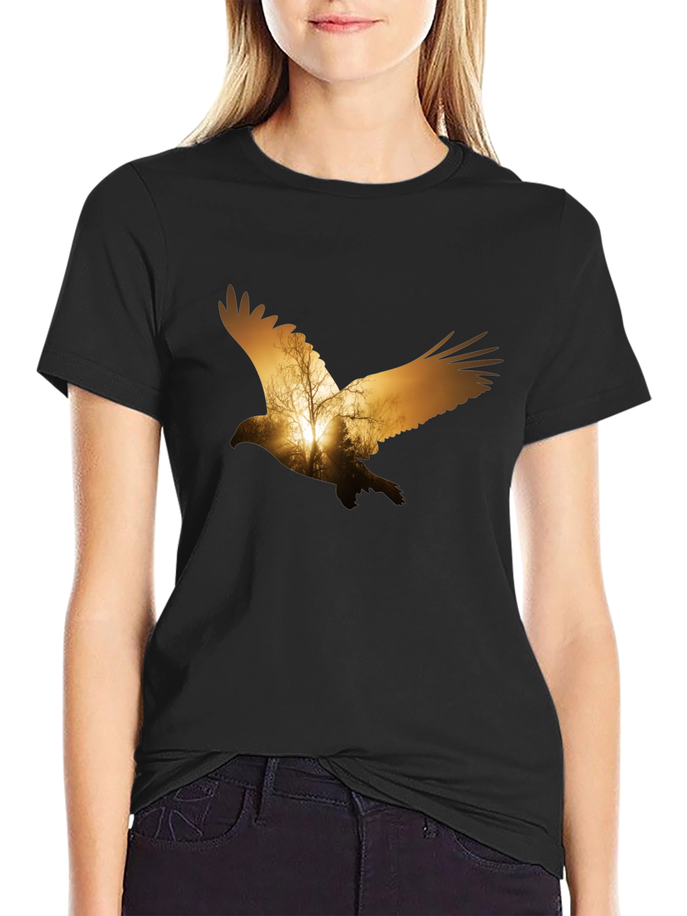 Eagle Sunset Graphic Print Black T-Shirt