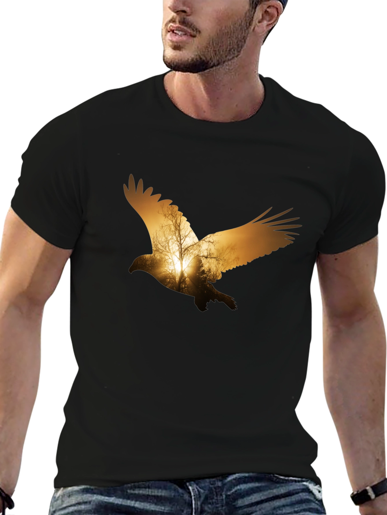 Eagle Sunset Graphic Print Black T-Shirt