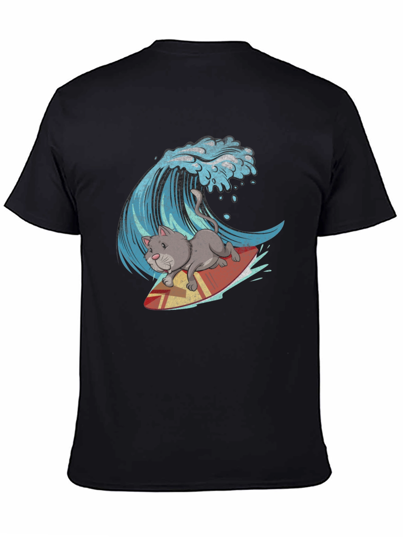 Cat Surfing Wave Graphic Tee - Black