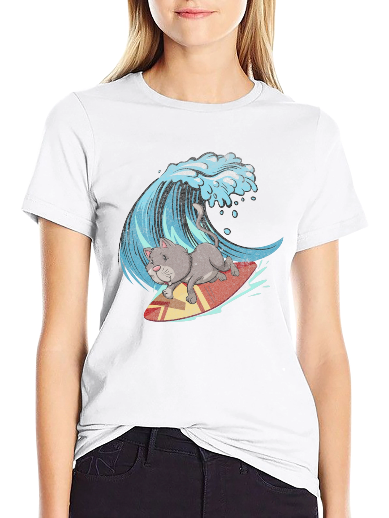 Cat Surfing Wave Graphic Tee - Black