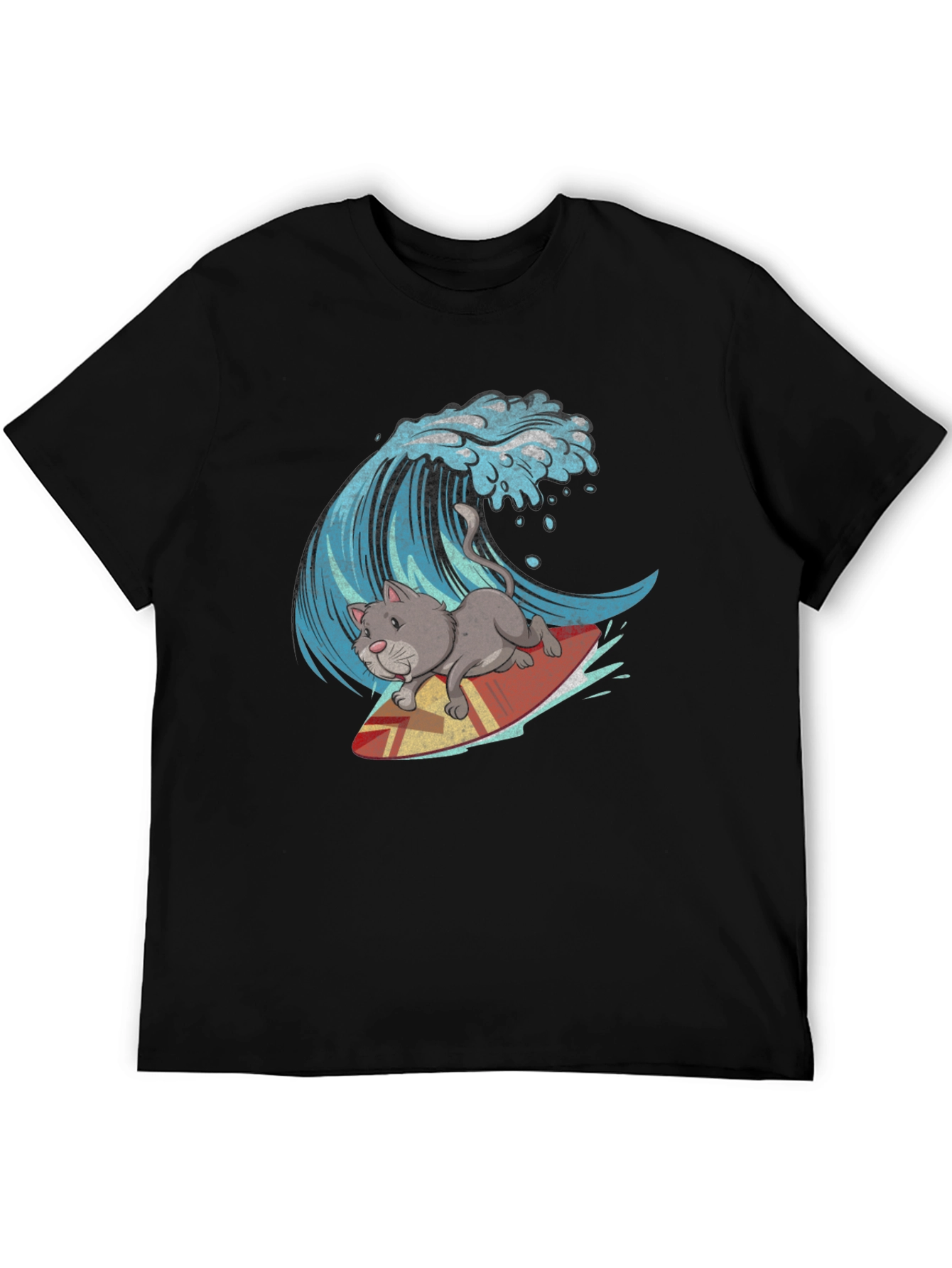 Cat Surfing Wave Graphic Tee - Black