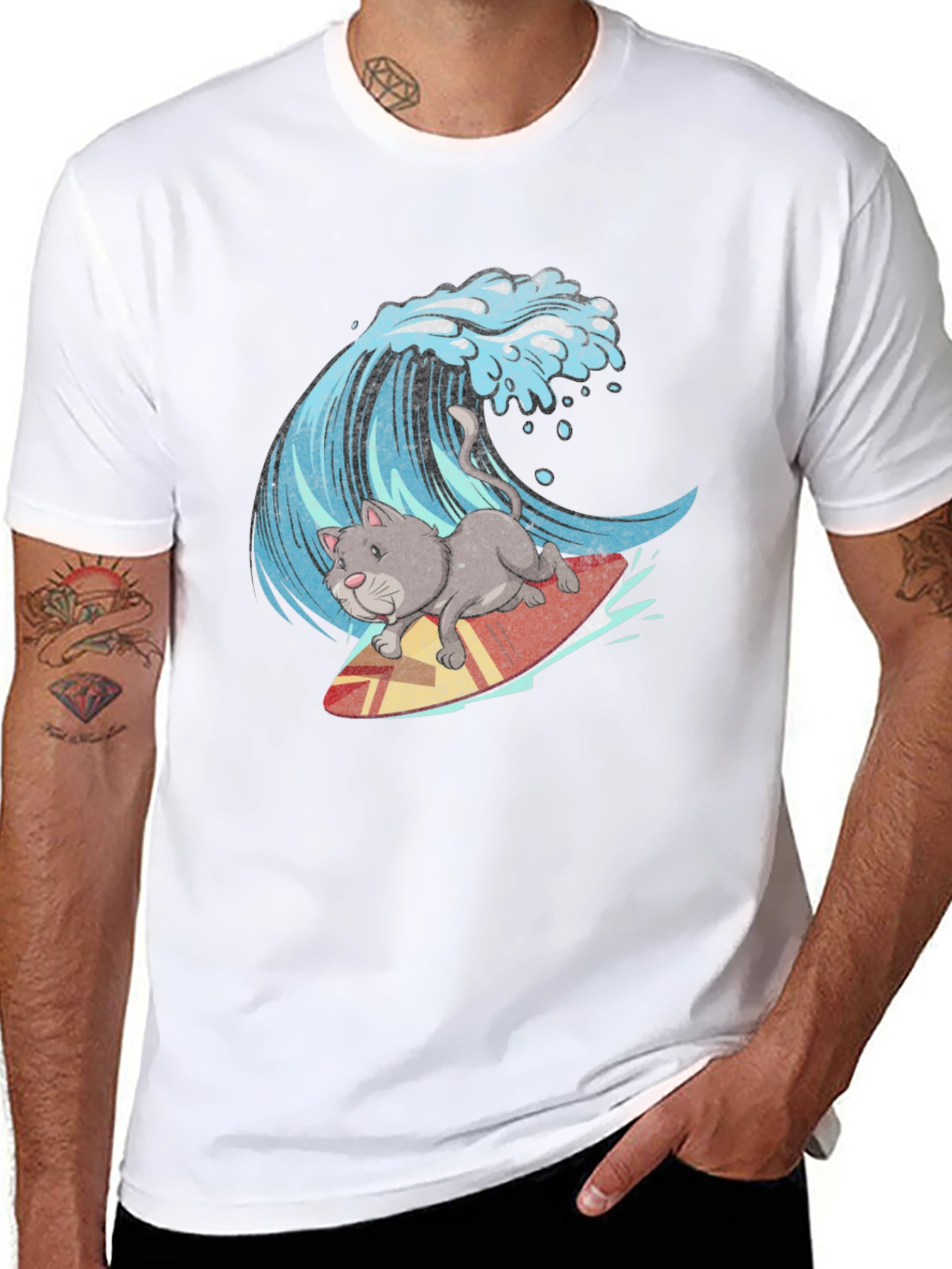 Cat Surfing Wave Graphic Tee - Black