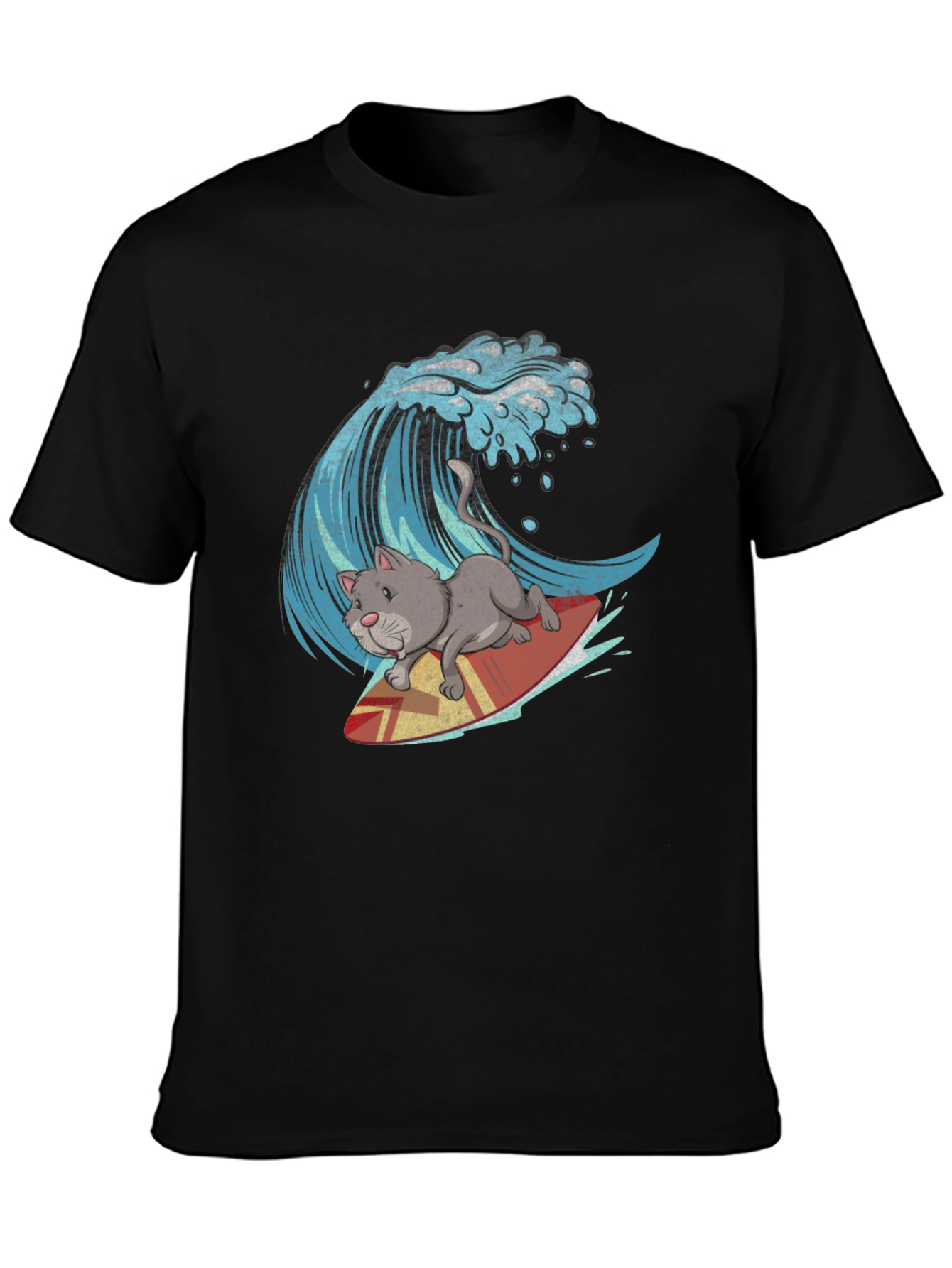 Cat Surfing Wave Graphic Tee - Black