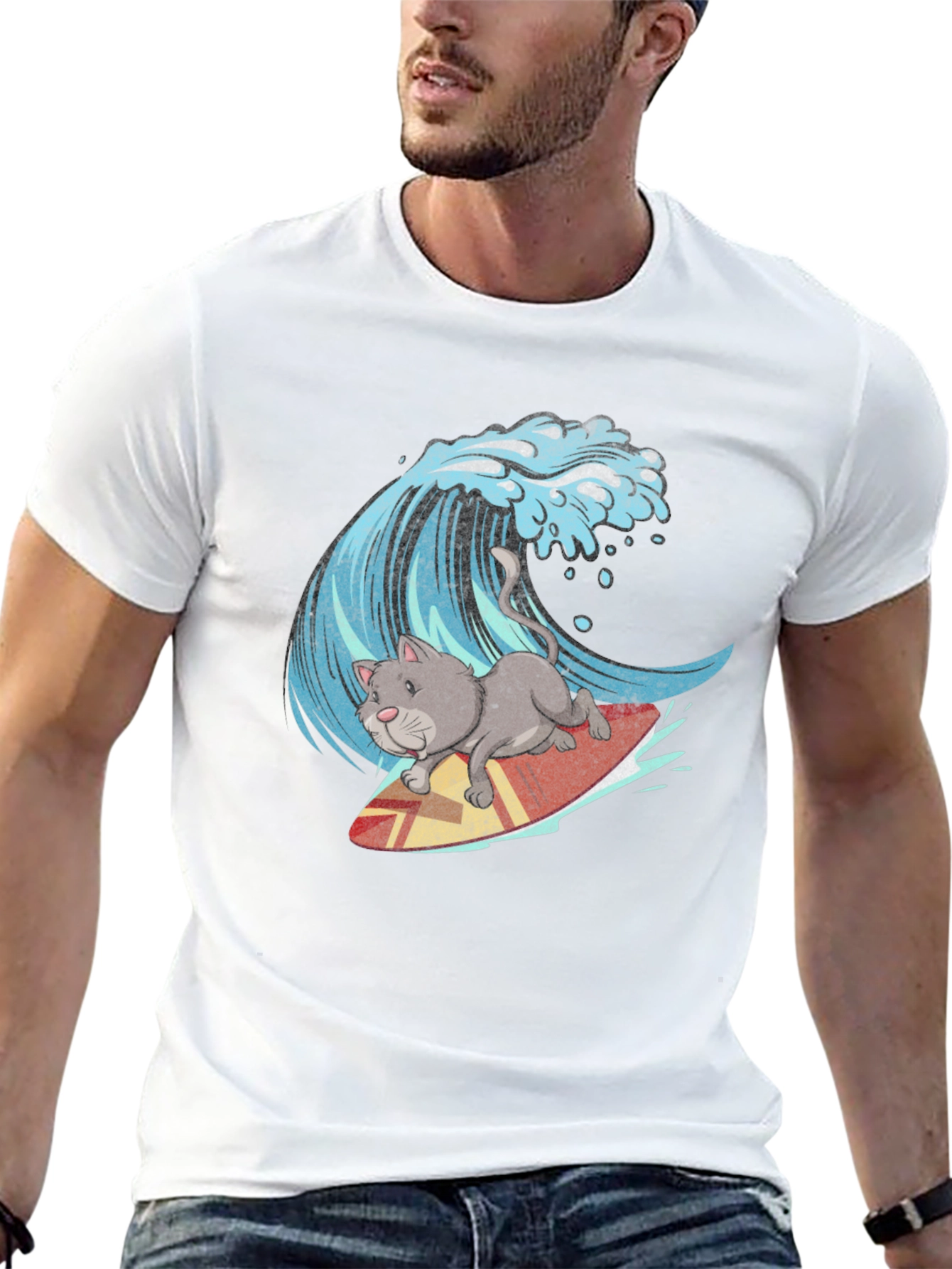 Cat Surfing Wave Graphic Tee - Black