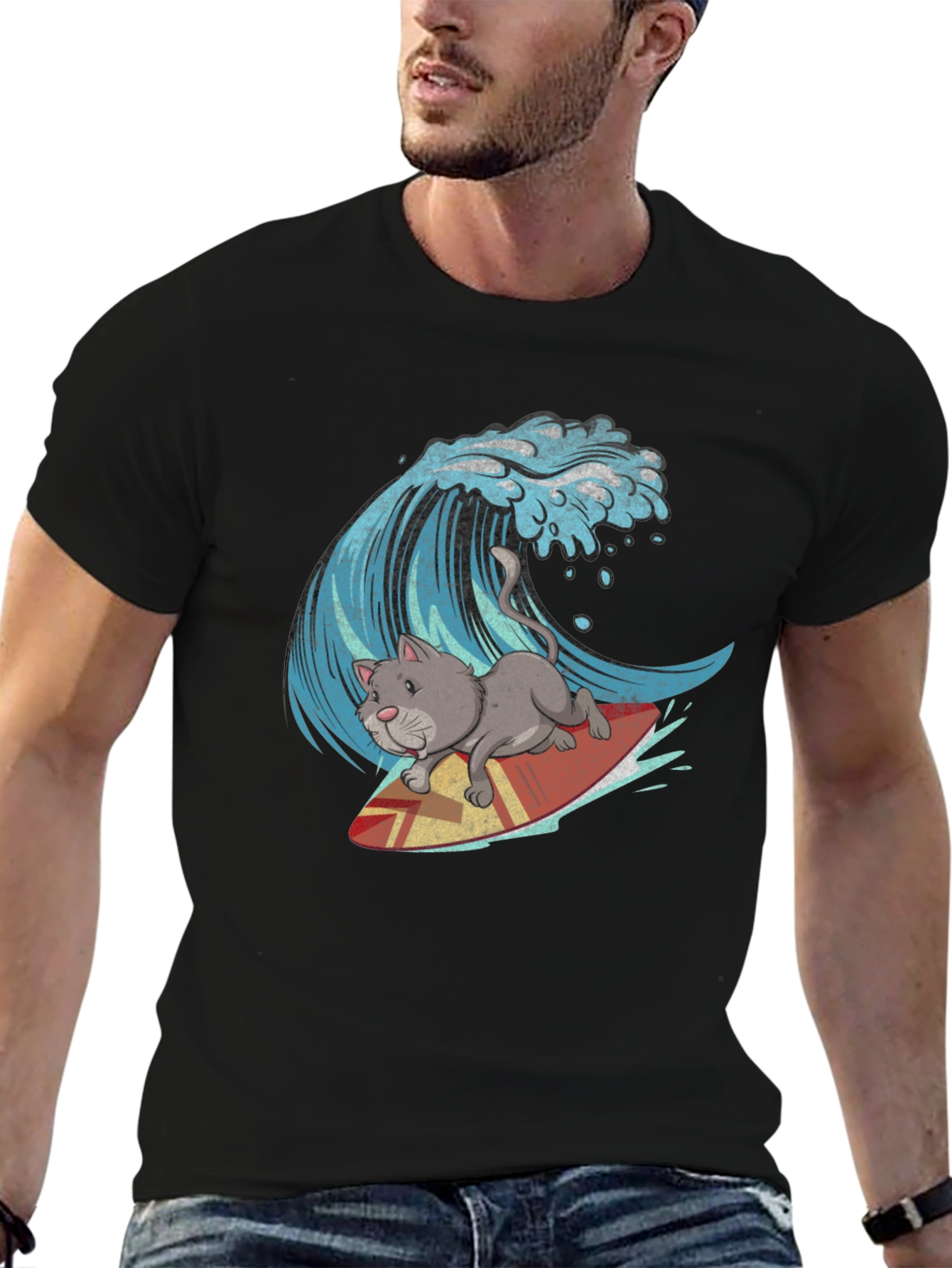 Cat Surfing Wave Graphic Tee - Black