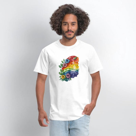 Watercolor painting of a rainbow flag.