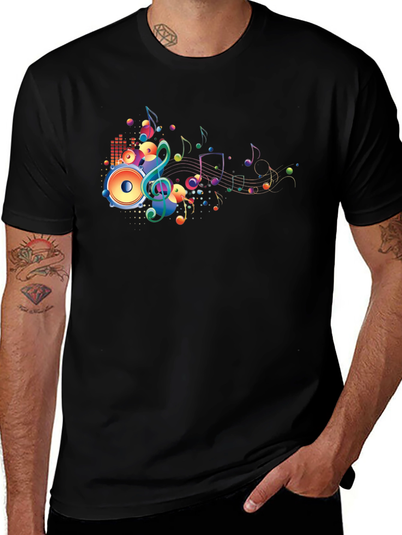 Vibrant Music Notes Graphic Black T-Shirt