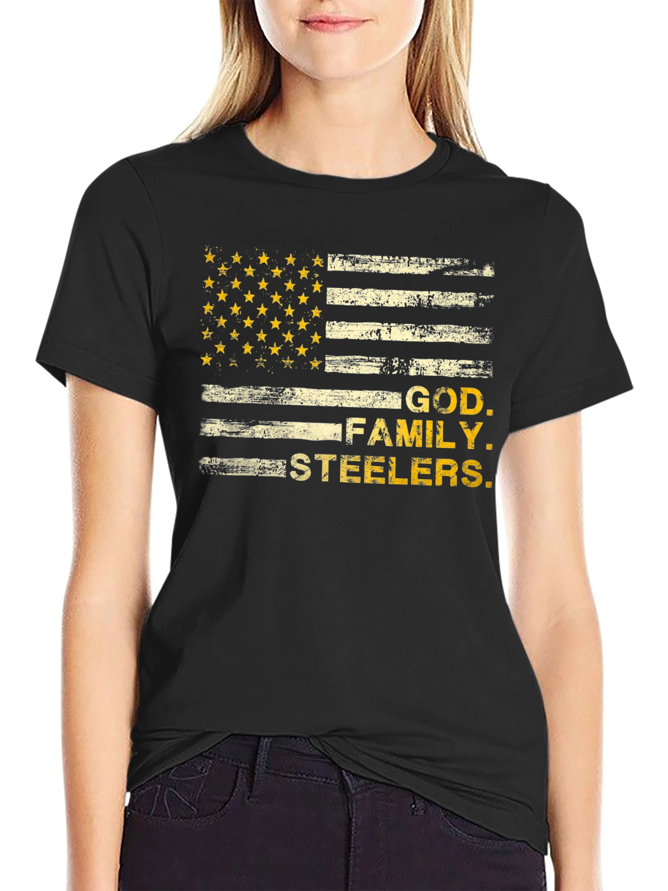 God Family Steelers American Flag T-Shirt