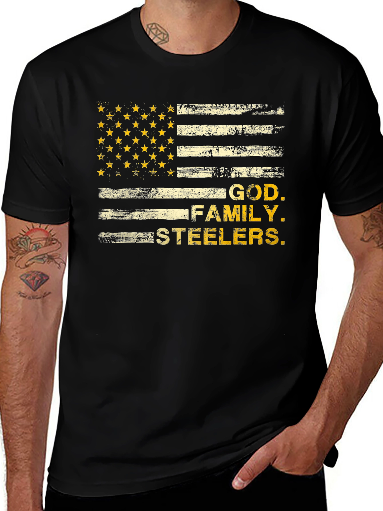 God Family Steelers American Flag T-Shirt