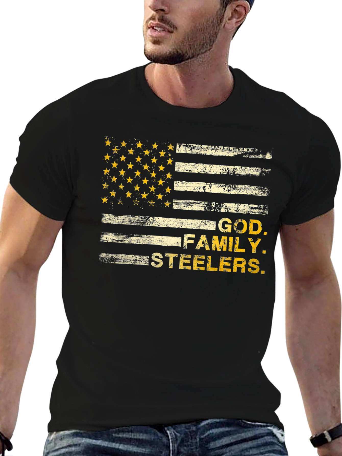 God Family Steelers American Flag T-Shirt