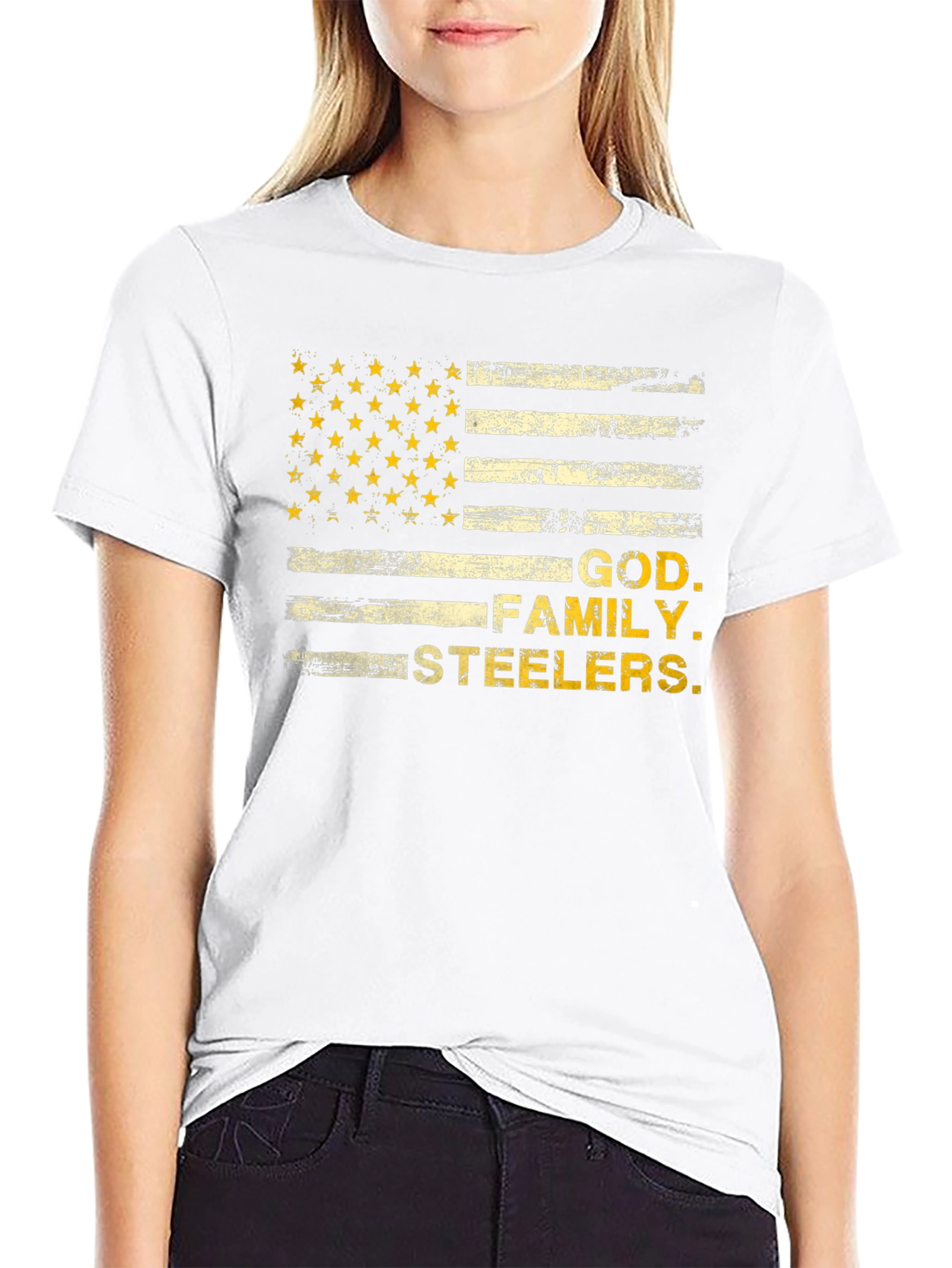 God Family Steelers American Flag T-Shirt