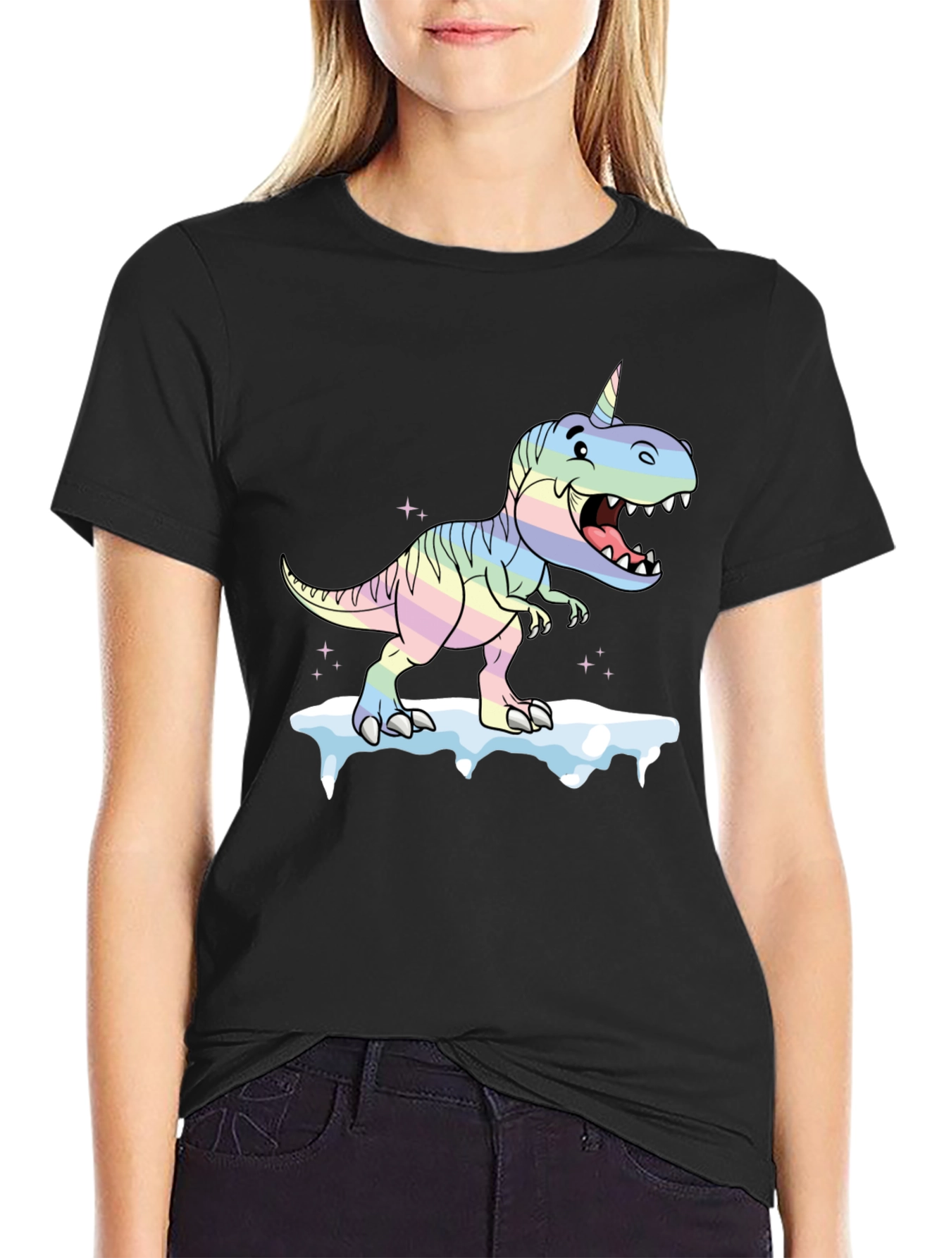 Unicorn Dinosaur Graphic Black T-Shirt