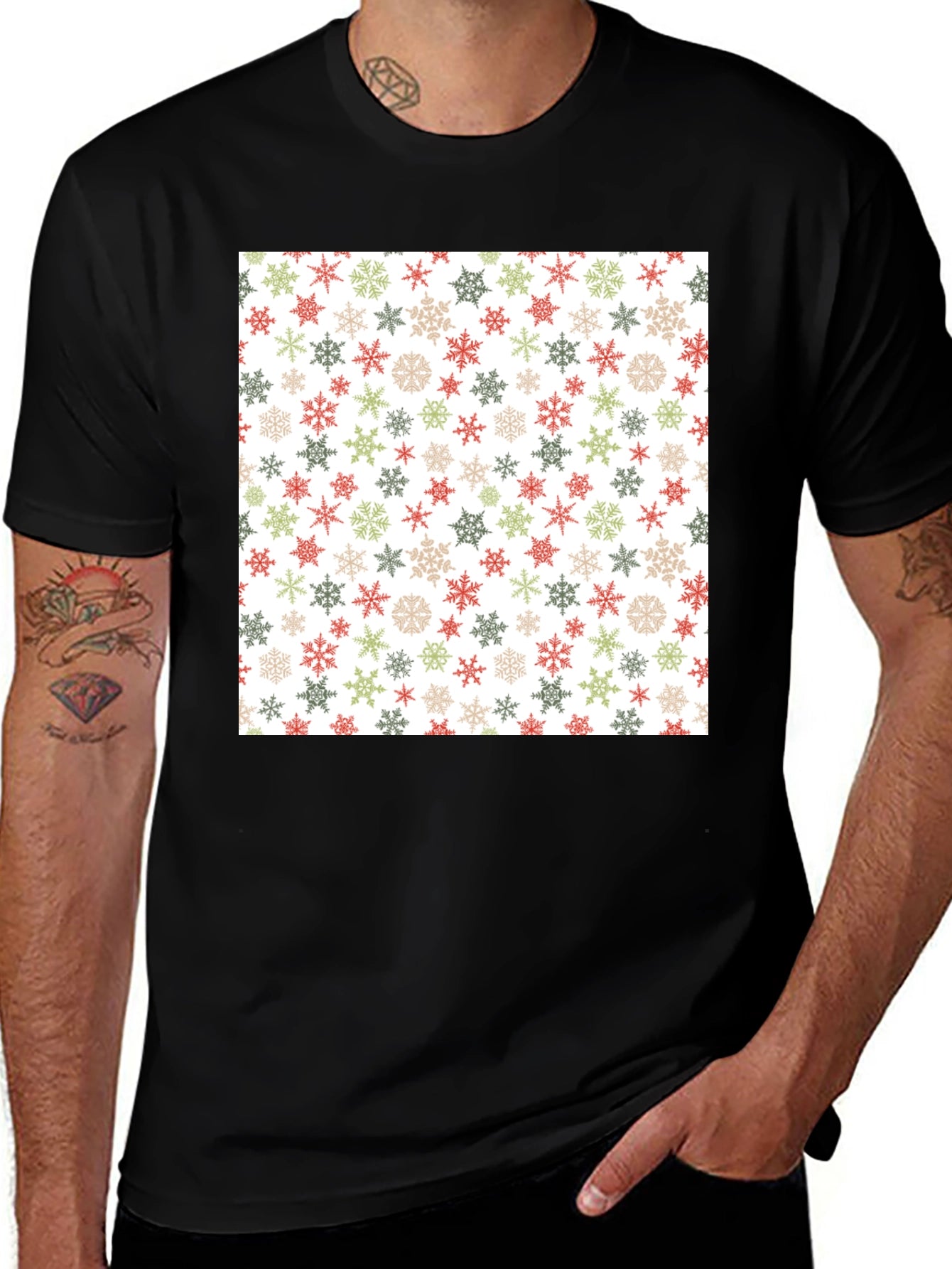 Festive Snowflake Pattern Black T-Shirt