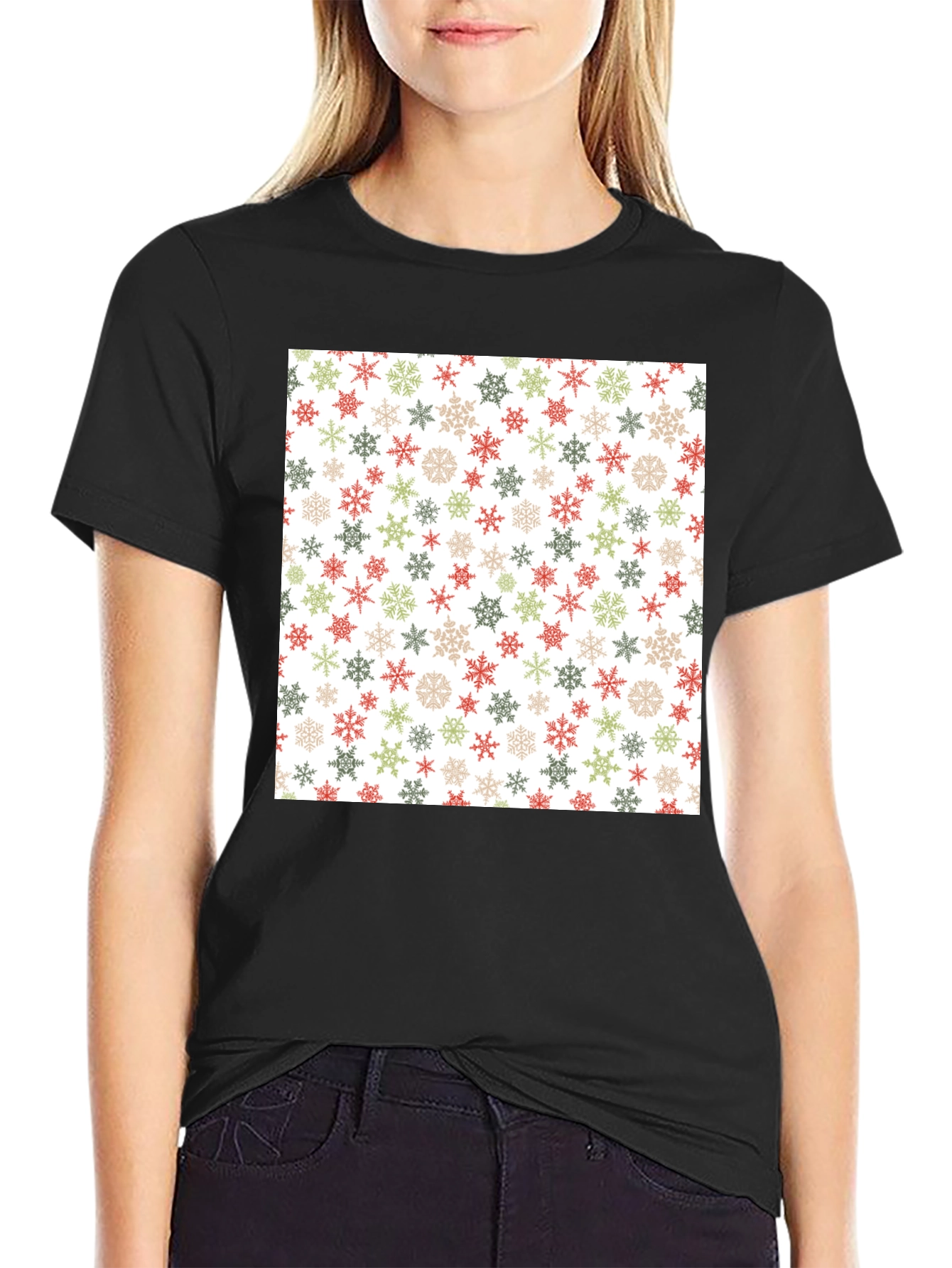 Festive Snowflake Pattern Black T-Shirt