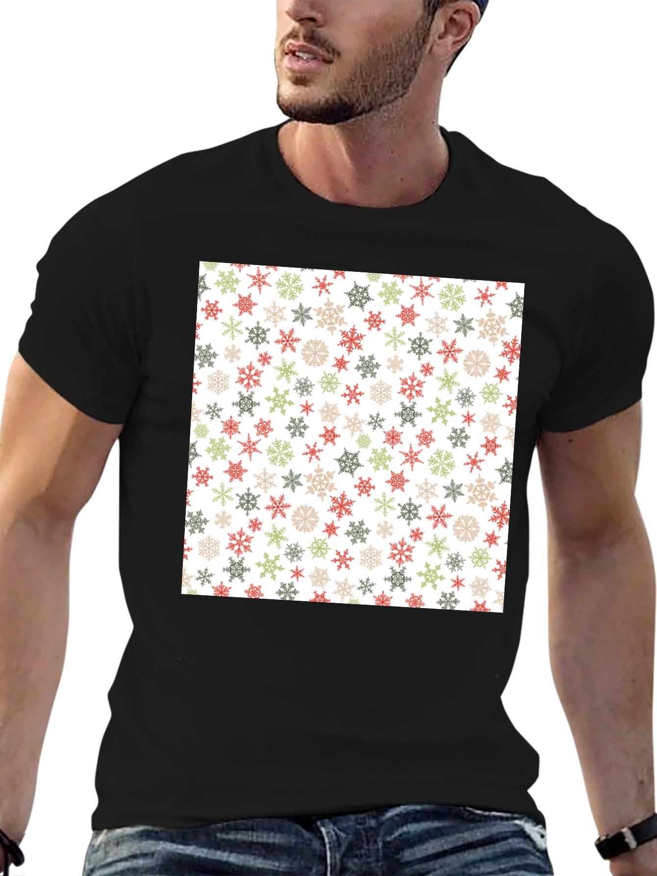Festive Snowflake Pattern Black T-Shirt