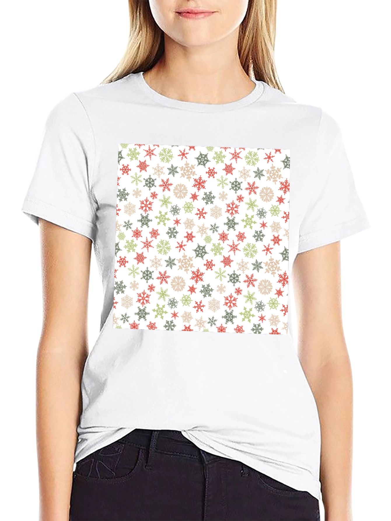 Festive Snowflake Pattern Black T-Shirt