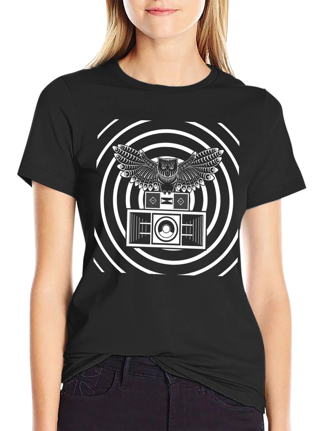 Owl Speaker Graphic Print Black T-Shirt