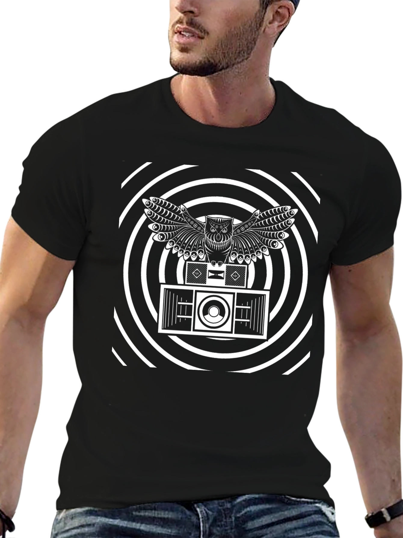 Owl Speaker Graphic Print Black T-Shirt