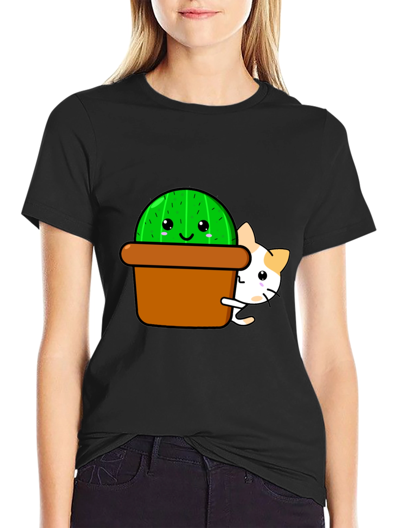 Cute Cactus & Cat Graphic T-Shirt - Black