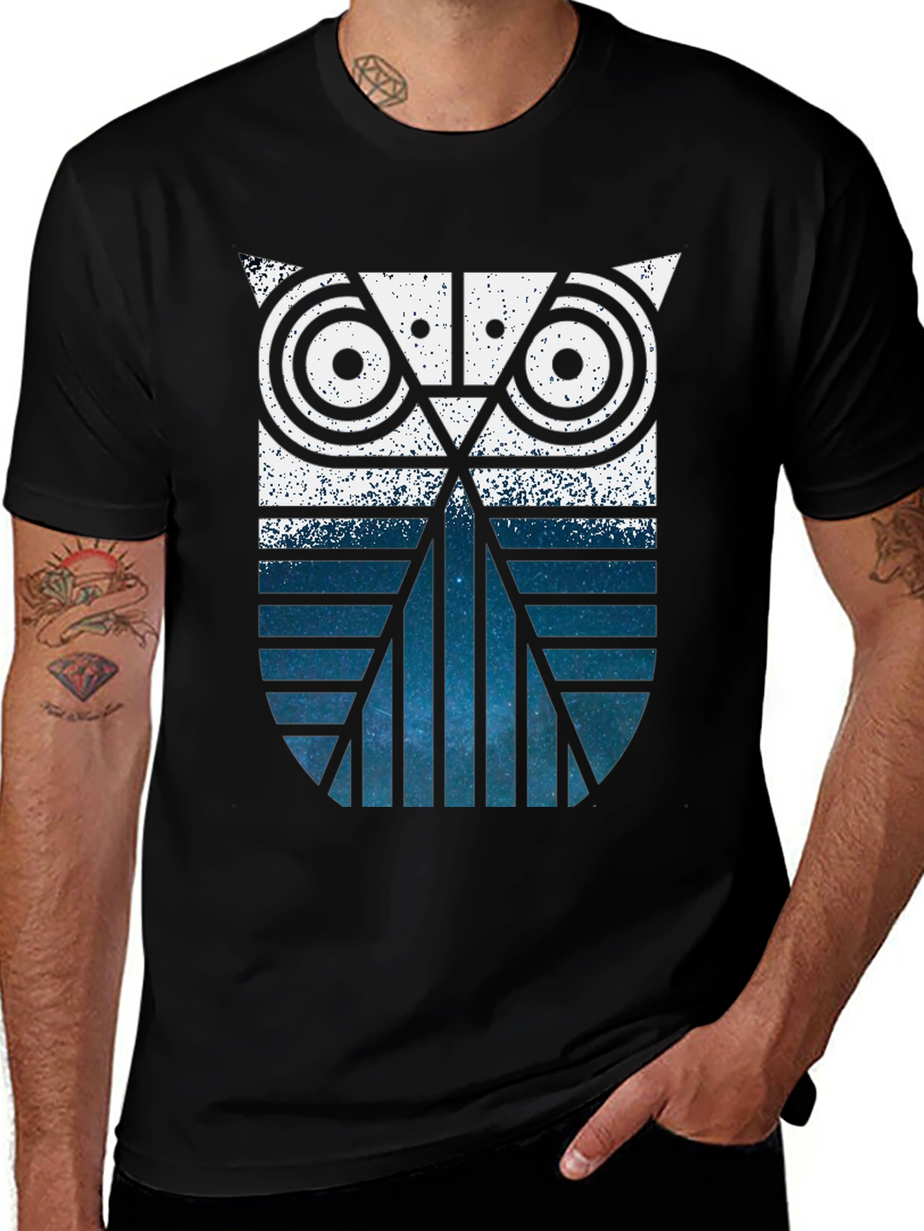 Geometric Owl Graphic Print Black T-Shirt