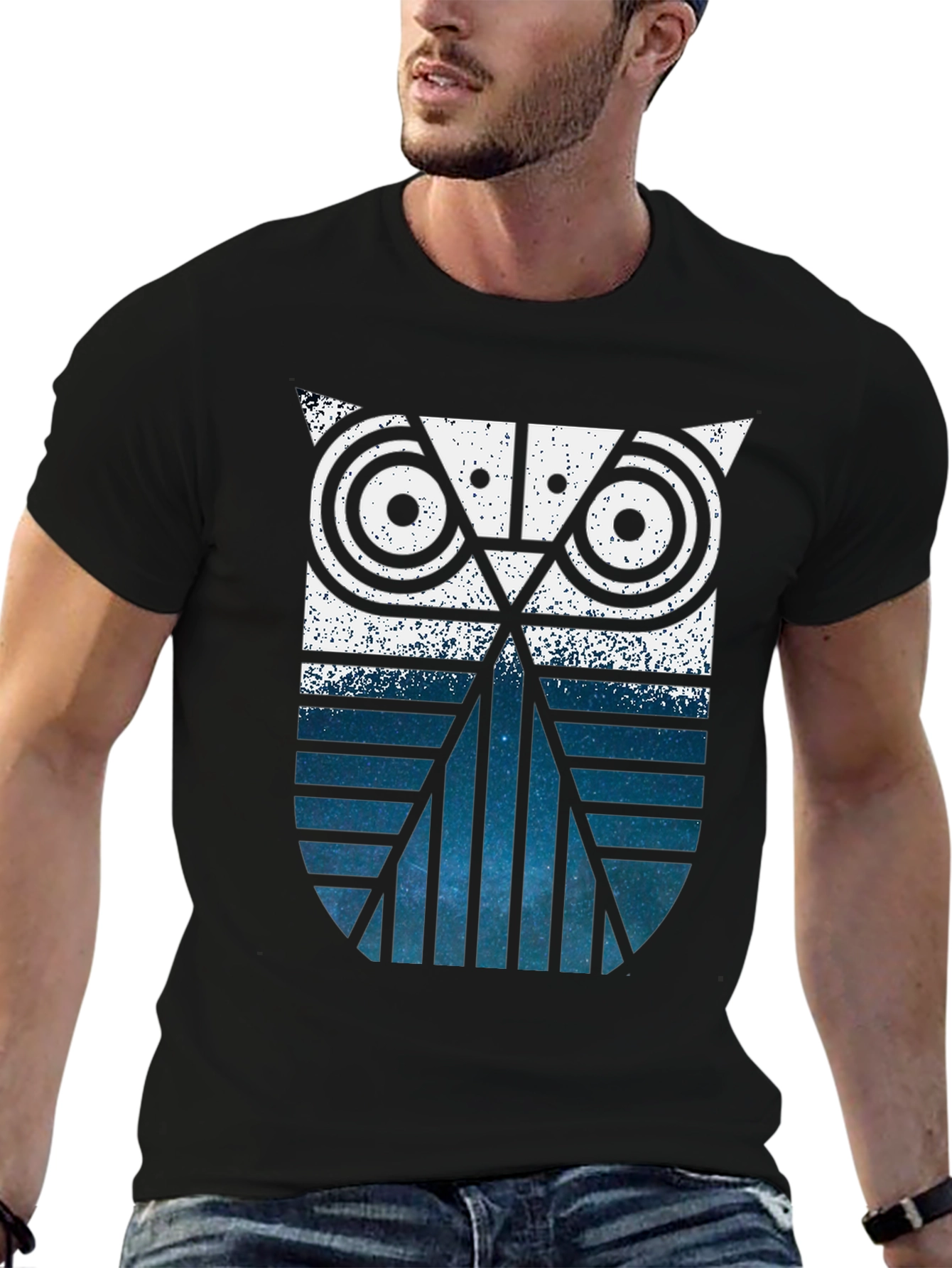 Geometric Owl Graphic Print Black T-Shirt
