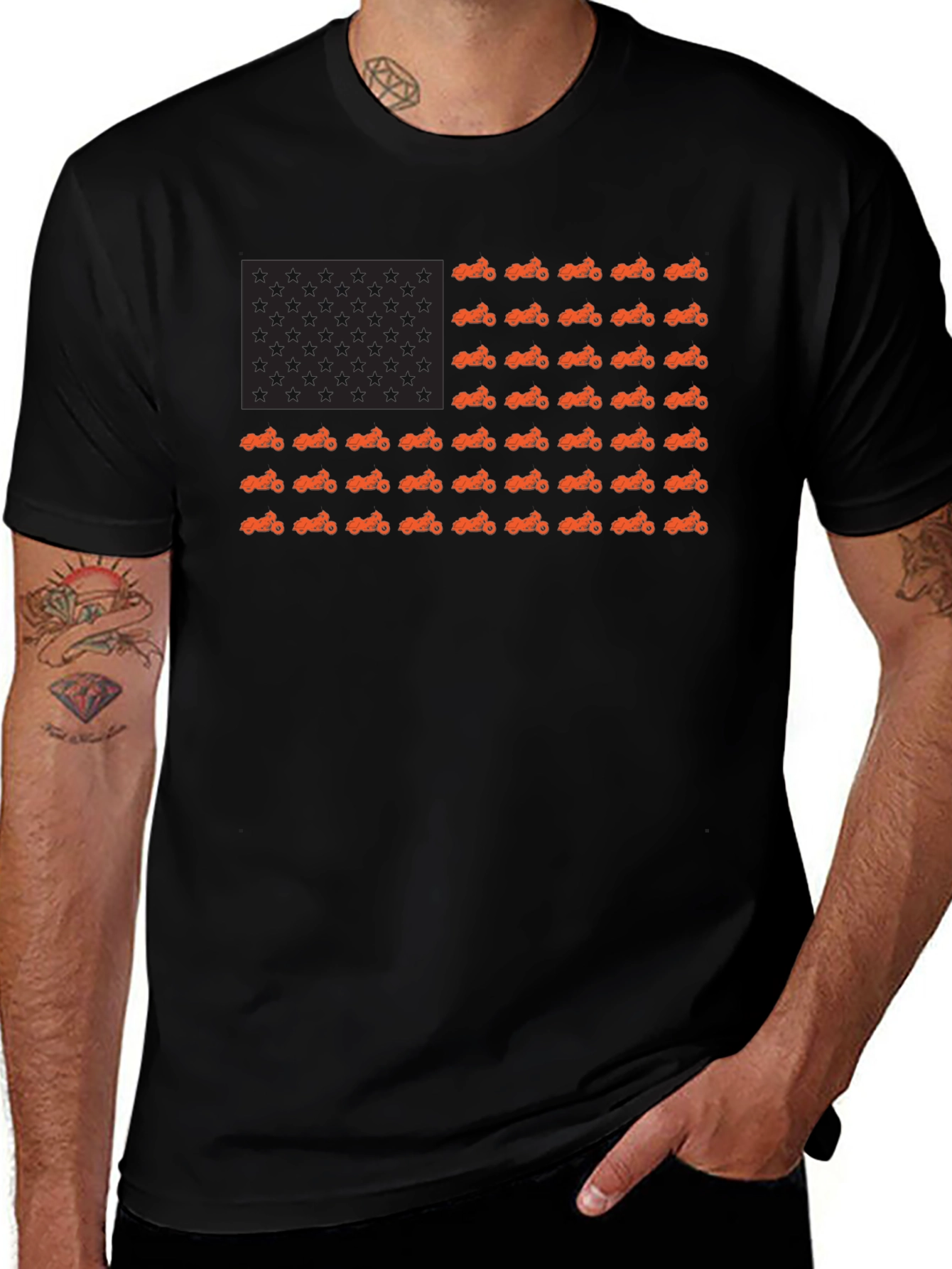Motorcycle American Flag Black T-Shirt