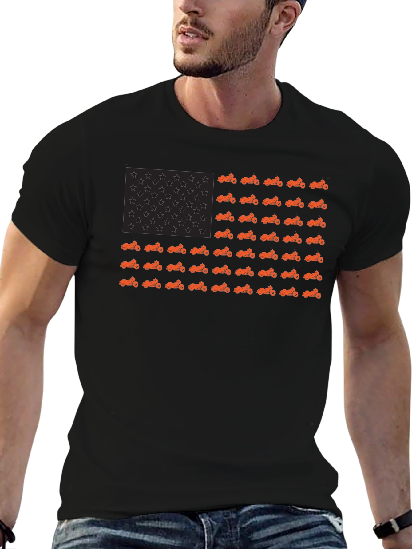 Motorcycle American Flag Black T-Shirt
