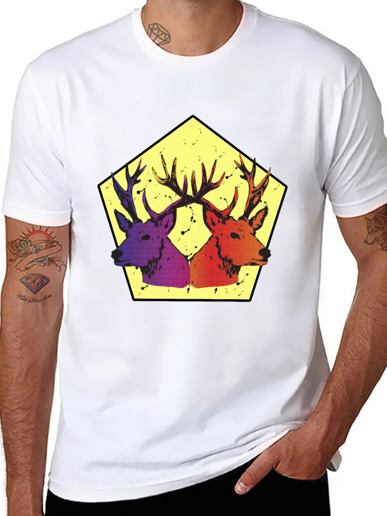 Dual Deer Graphic Print Tee - Black