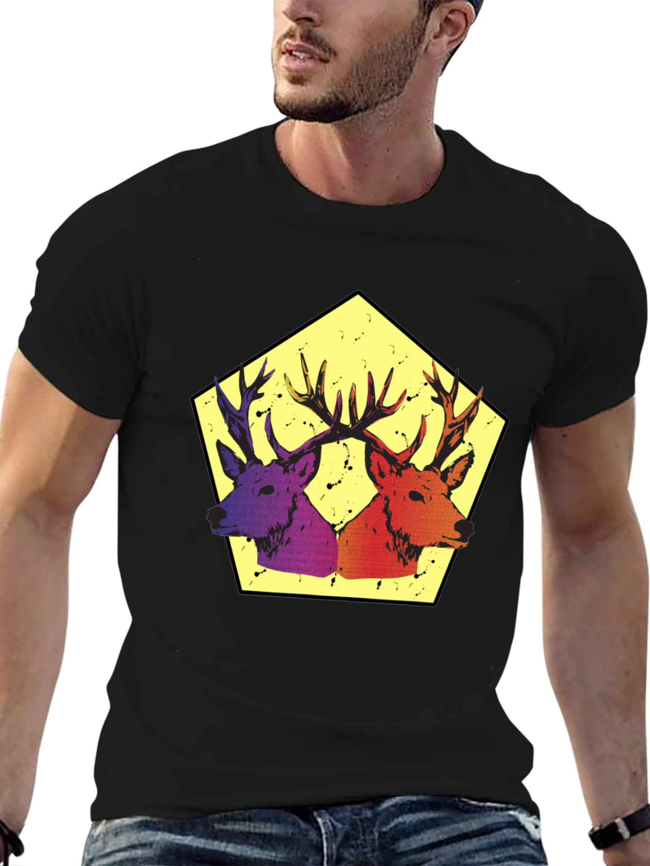 Dual Deer Graphic Print Tee - Black