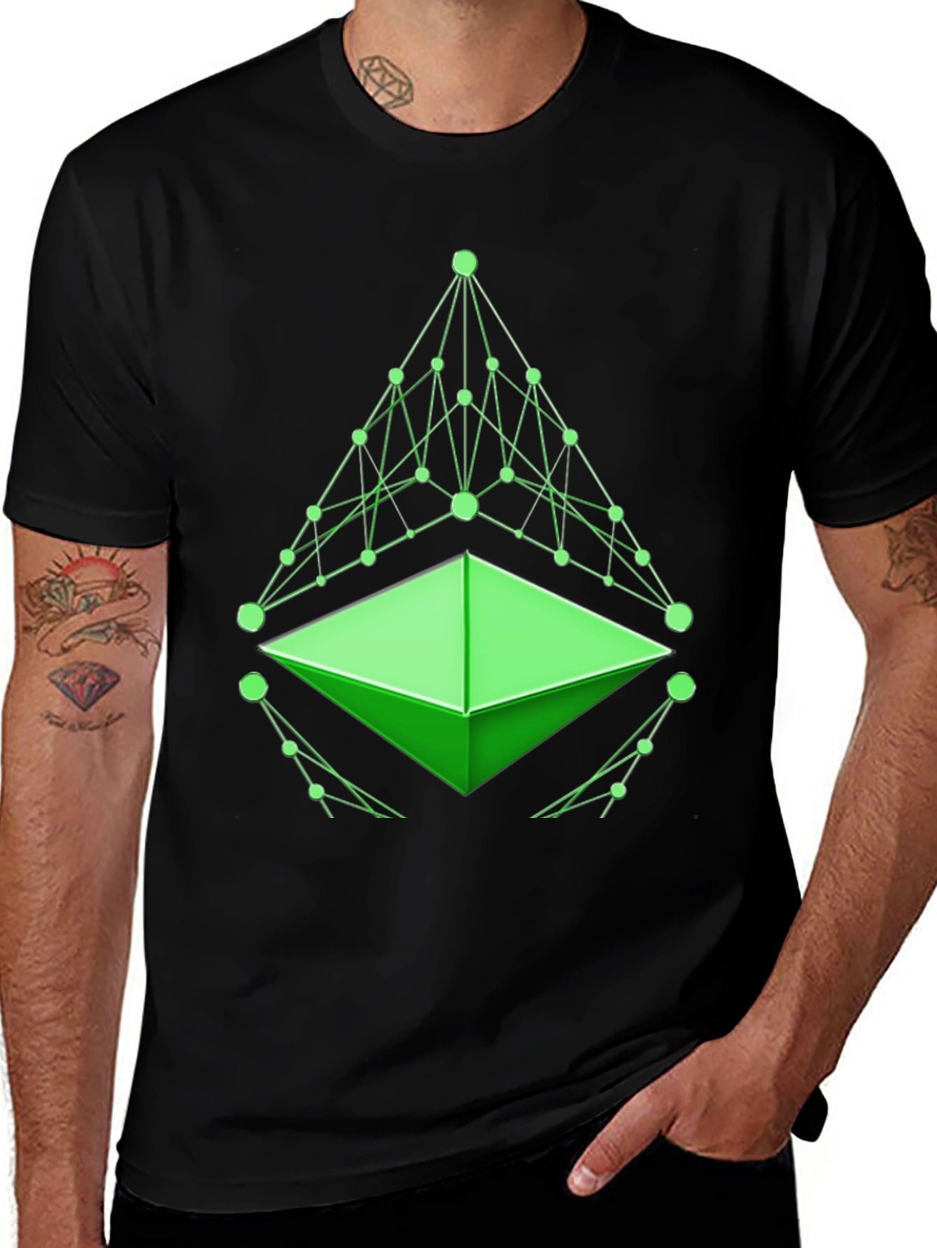 Geometric Green Design Black T-Shirt