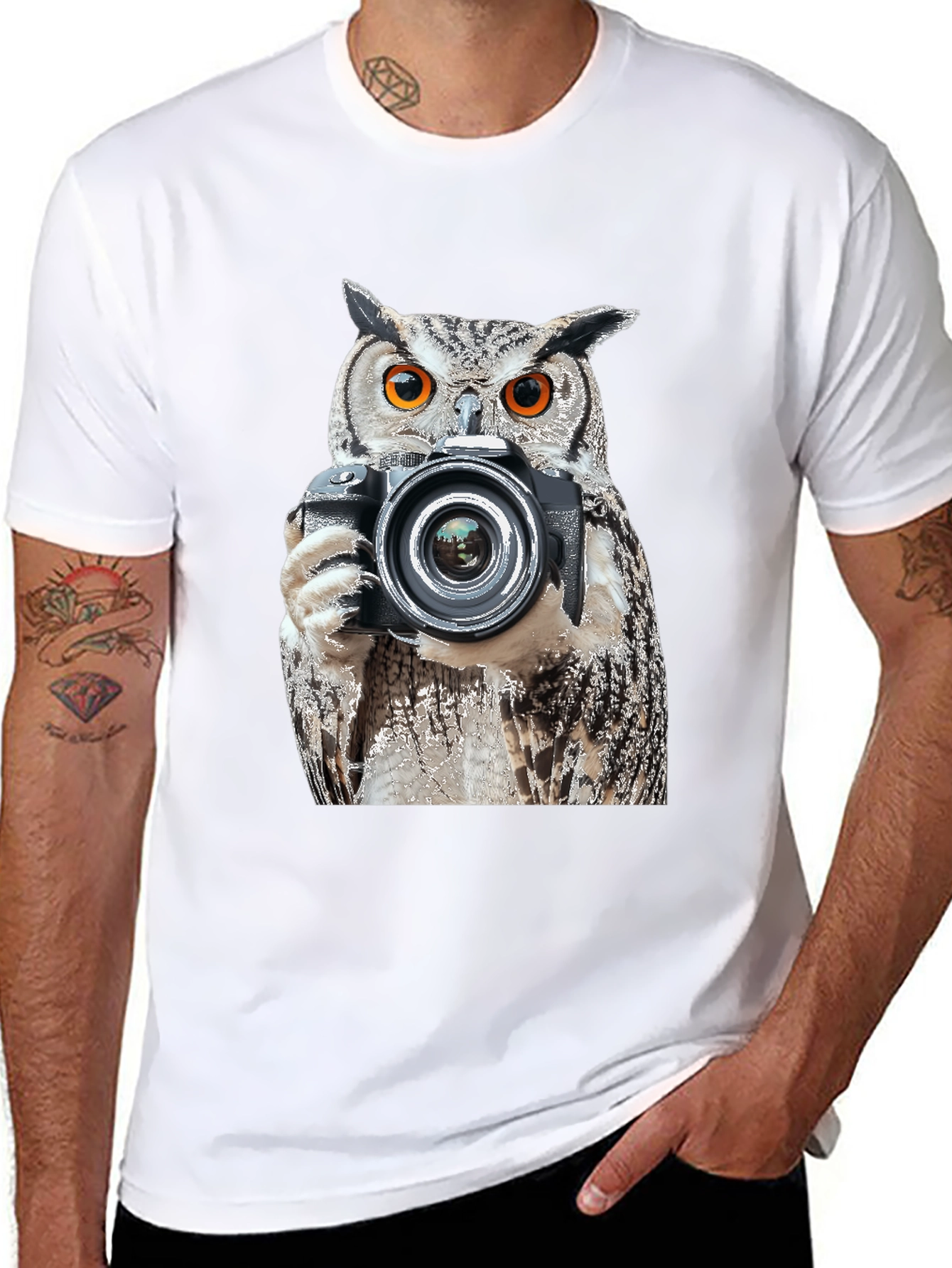 Owl Photographer Graphic T-Shirt - Unisex Black Tee