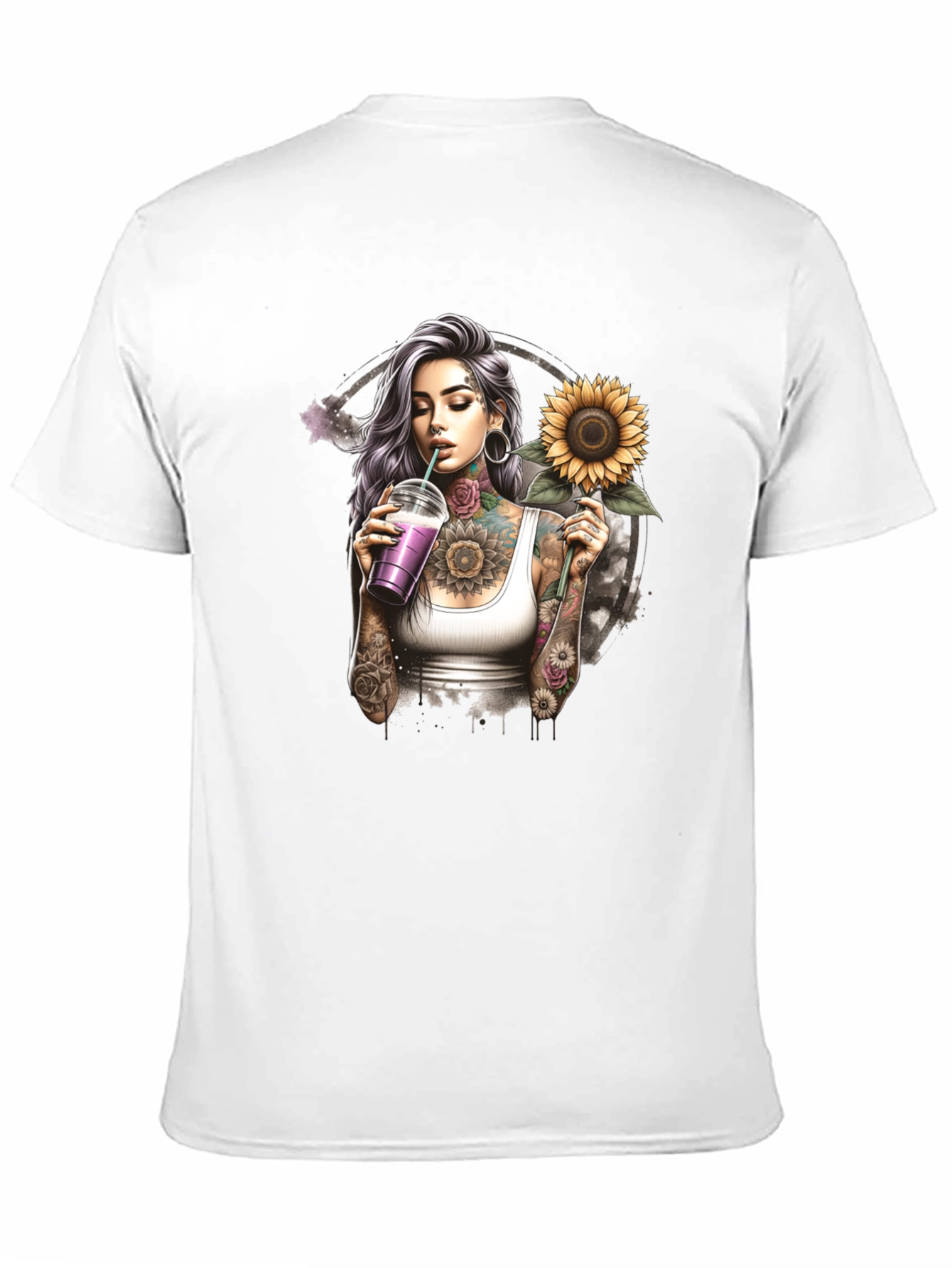 Tattooed Girl Sunflower Graphic Black T-Shirt