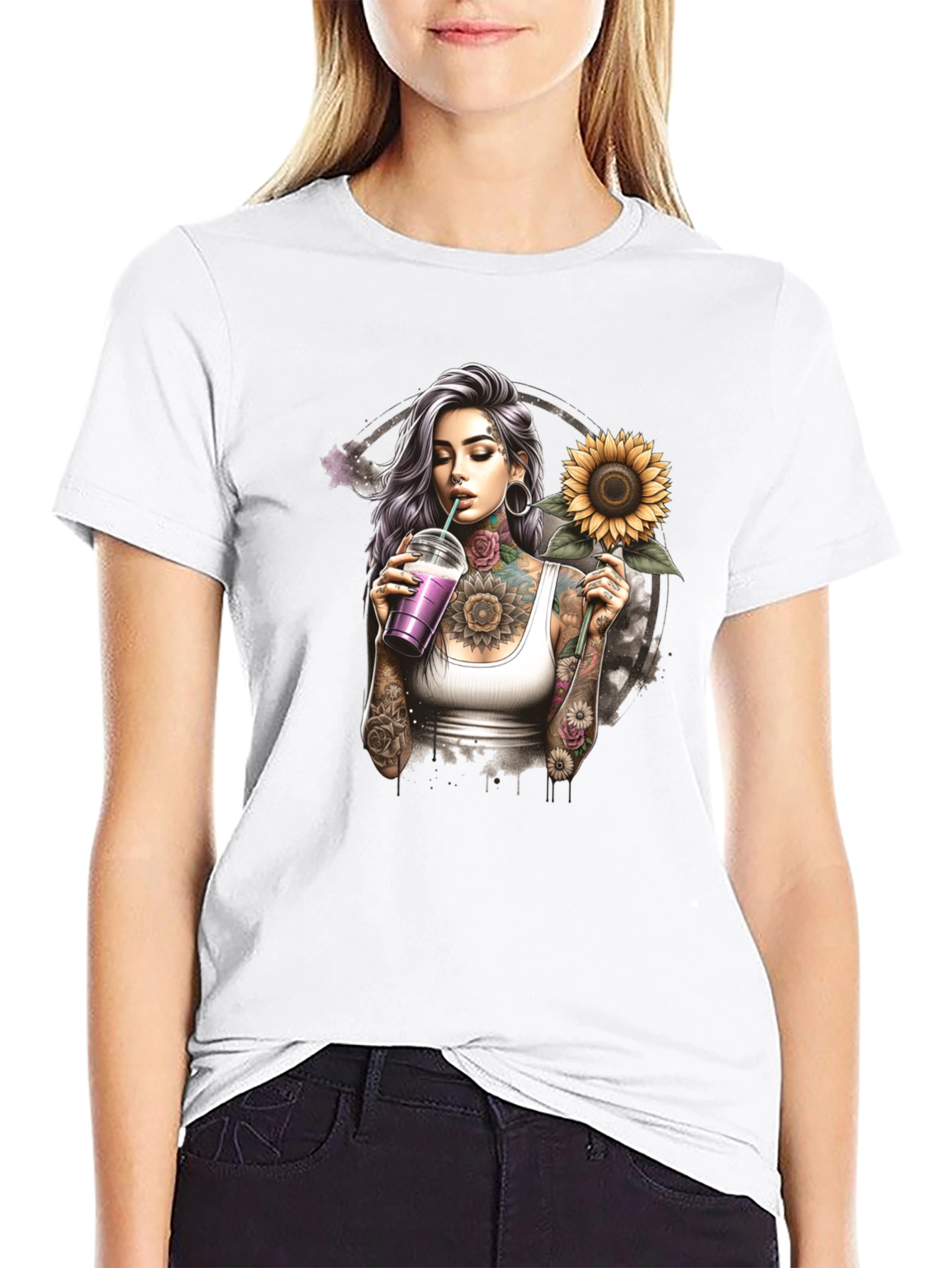 Tattooed Girl Sunflower Graphic Black T-Shirt