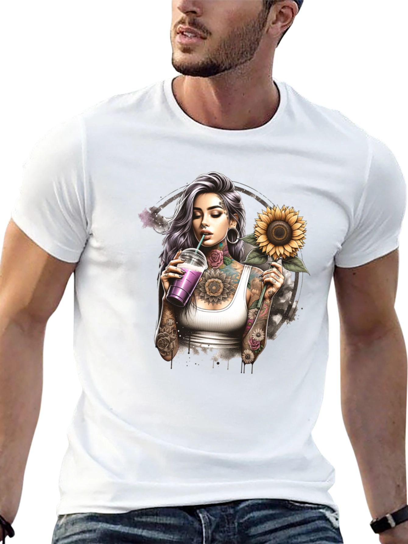 Tattooed Girl Sunflower Graphic Black T-Shirt